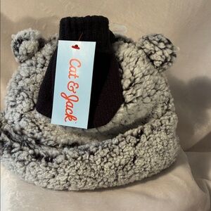 Cat & Jack Fuzzy Gray Bear Hat & Brown Mittens for 0-6 months